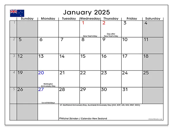 Free printable calendar New Zealand for January 2025. Week: Sunday to Saturday.