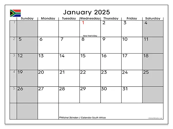 Free printable calendar South Africa for January 2025. Week: Sunday to Saturday.
