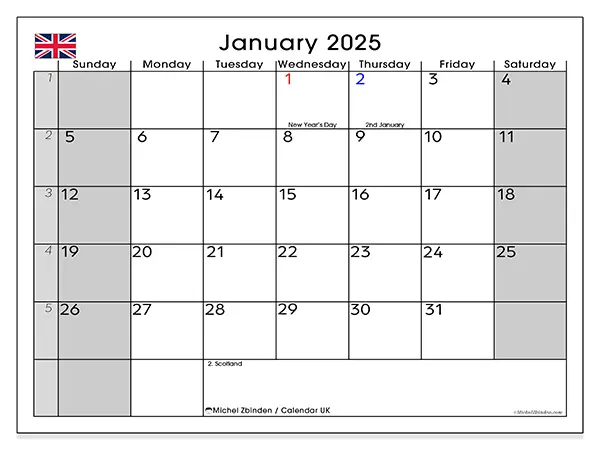 Free printable calendar UK for January 2025. Week: Sunday to Saturday.
