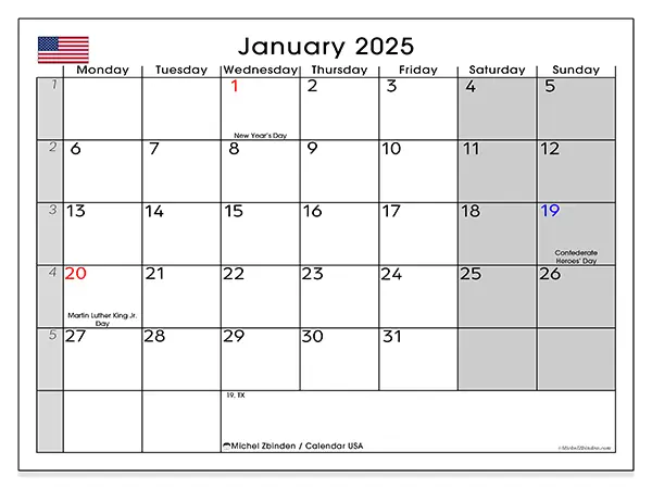 Free printable calendar USA for January 2025. Week: Monday to Sunday.