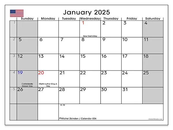 Printable calendar USA, January 2025