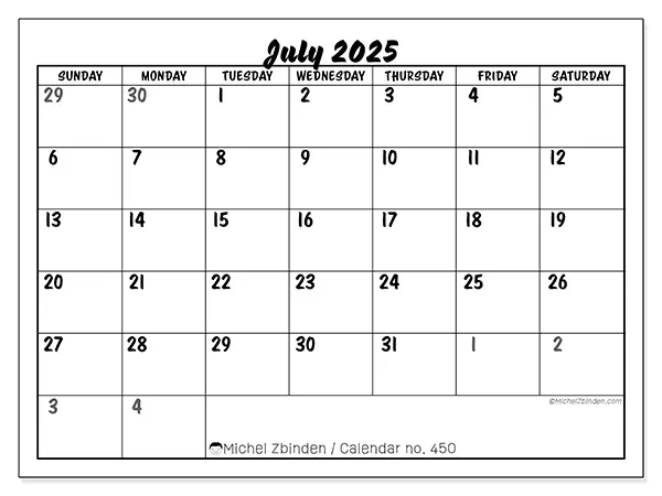 Free printable calendar n° 450, July 2025. Week:  Sunday to Saturday