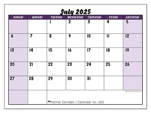 Free printable calendar n° 453, July 2025. Week:  Sunday to Saturday