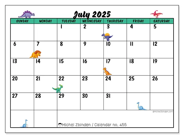 Free printable calendar n° 455, July 2025. Week:  Sunday to Saturday