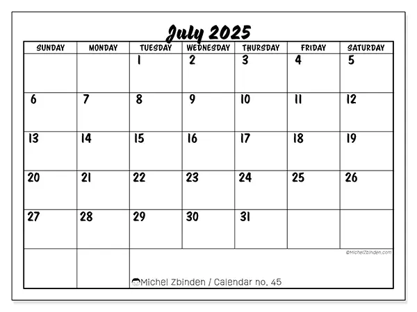 Free printable calendar n° 45, July 2025. Week:  Sunday to Saturday