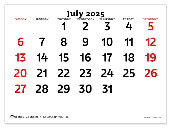 Free printable calendar no. 46, July 2025. Week:  Sunday to Saturday