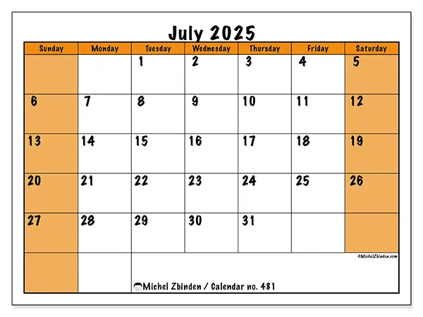 Free printable calendar no. 481, July 2025. Week:  Sunday to Saturday