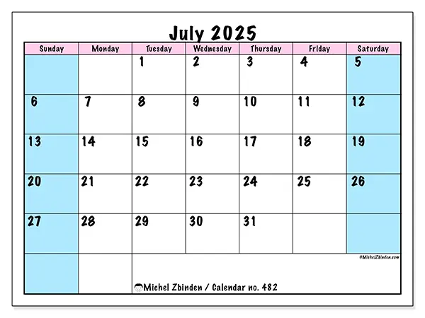 Free printable calendar no. 482, July 2025. Week:  Sunday to Saturday
