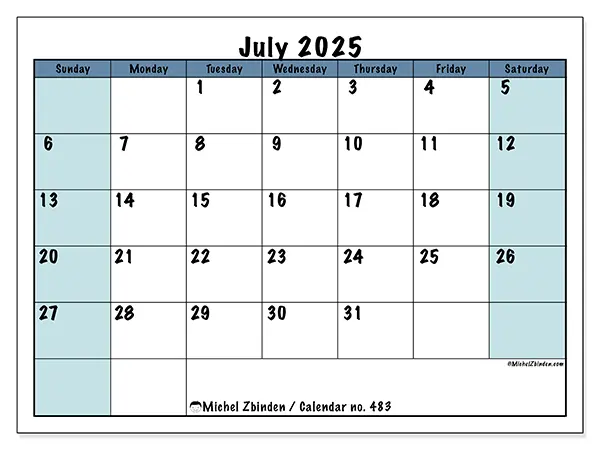 Free printable calendar no. 483, July 2025. Week:  Sunday to Saturday