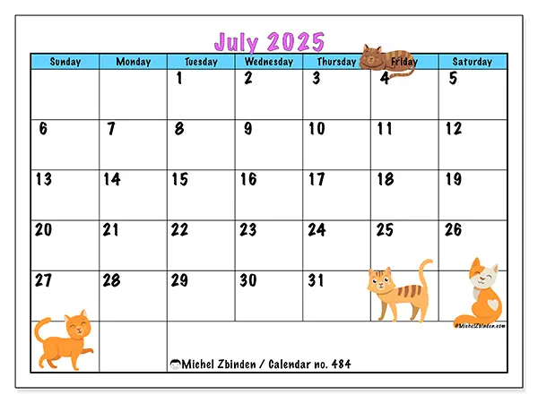 Free printable calendar no. 484, July 2025. Week:  Sunday to Saturday