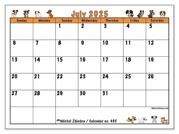 Free printable calendar no. 485, July 2025. Week:  Sunday to Saturday