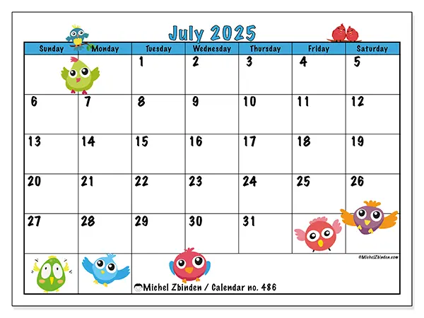 Free printable calendar no. 486, July 2025. Week:  Sunday to Saturday