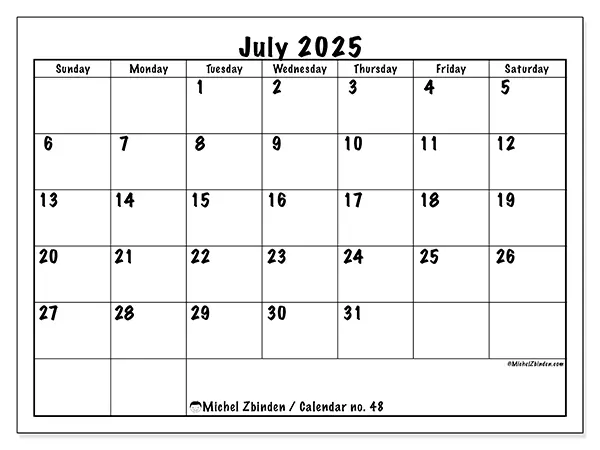 Free printable calendar no. 48, July 2025. Week:  Sunday to Saturday
