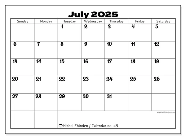 Free printable calendar no. 49, July 2025. Week:  Sunday to Saturday