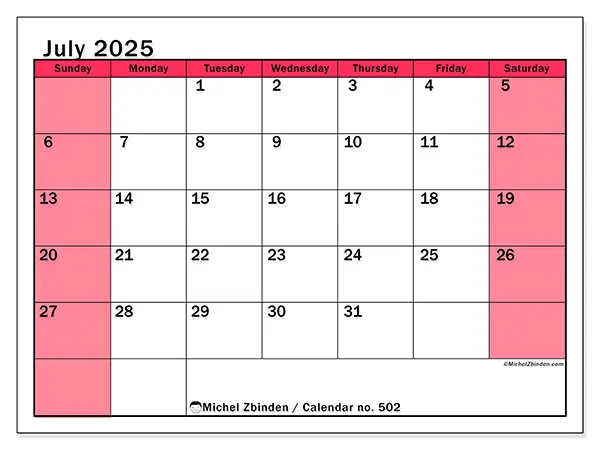 Free printable calendar no. 502, July 2025. Week:  Sunday to Saturday