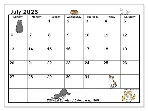Free printable calendar no. 505, July 2025. Week:  Sunday to Saturday
