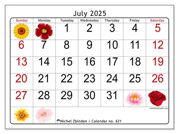 Free printable calendar no. 621, July 2025. Week:  Sunday to Saturday
