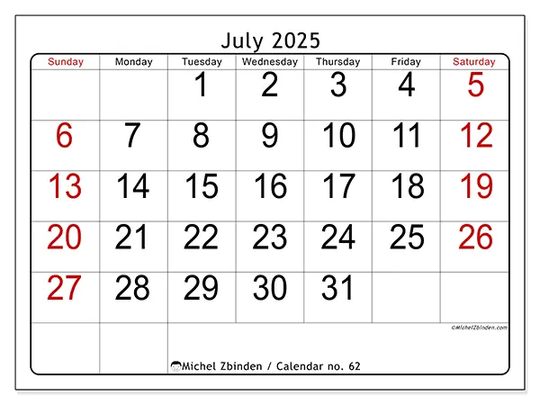 Free printable calendar no. 62, July 2025. Week:  Sunday to Saturday