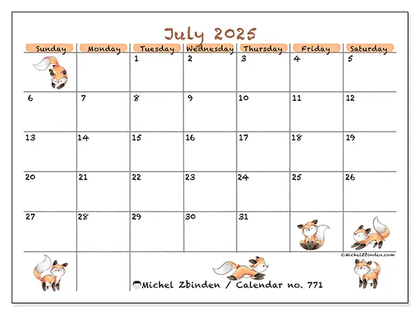 Free printable calendar no. 771, July 2025. Week:  Sunday to Saturday