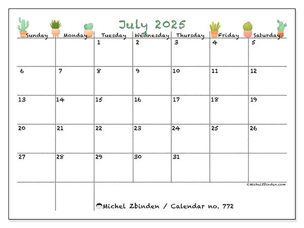 Free printable calendar no. 772, July 2025. Week:  Sunday to Saturday