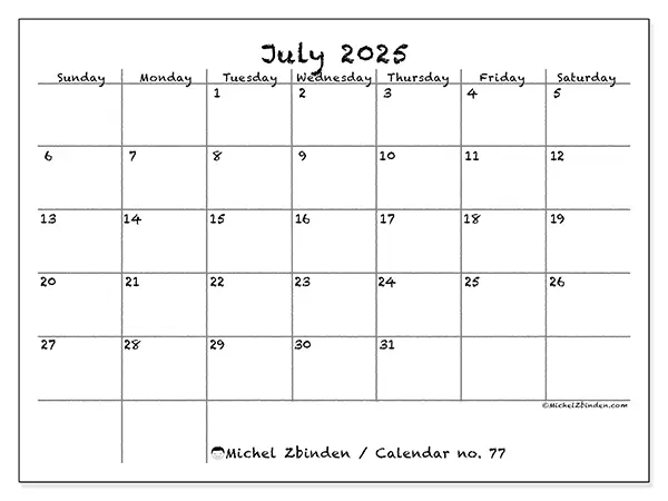 Free printable calendar no. 77, July 2025. Week:  Sunday to Saturday