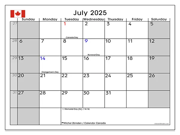 Free printable calendar Canada, July 2025. Week:  Sunday to Saturday