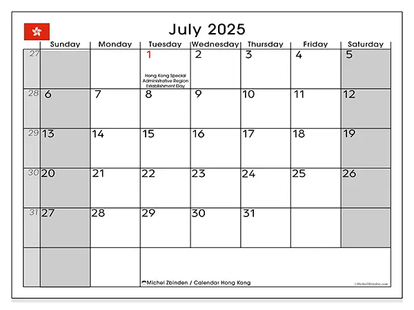 Free printable calendar Hong Kong, July 2025. Week:  Sunday to Saturday