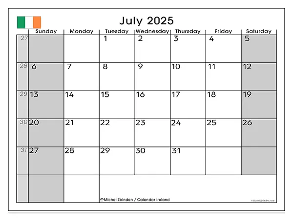 Free printable calendar Ireland, July 2025. Week:  Sunday to Saturday