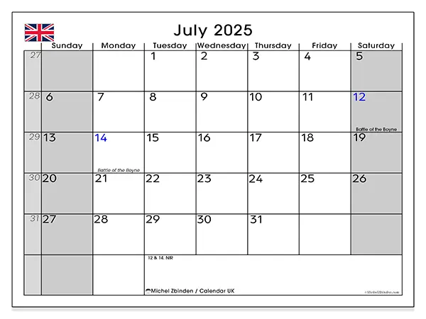 Free printable calendar UK, July 2025. Week:  Sunday to Saturday