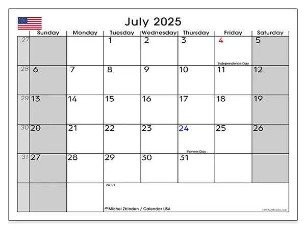 Free printable calendar USA, July 2025. Week:  Sunday to Saturday
