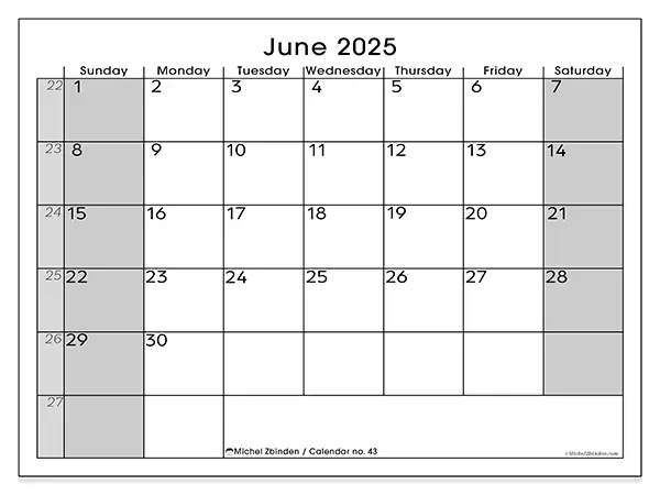 Printable calendar n° 43 for June 2025. Week: Sunday to Saturday.