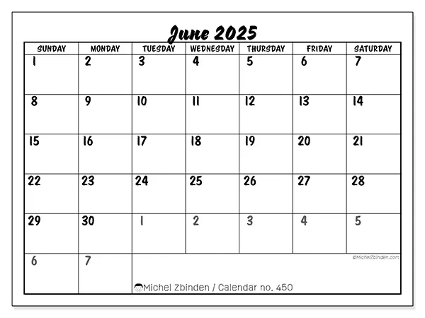 Printable calendar n° 450 for June 2025. Week: Sunday to Saturday.