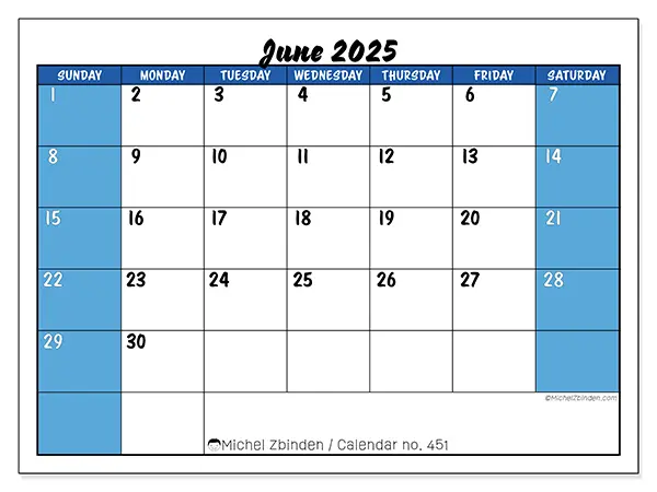 Printable calendar no. 451, June 2025