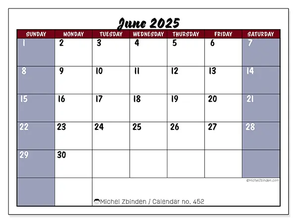 Printable calendar n° 452 for June 2025. Week: Sunday to Saturday.