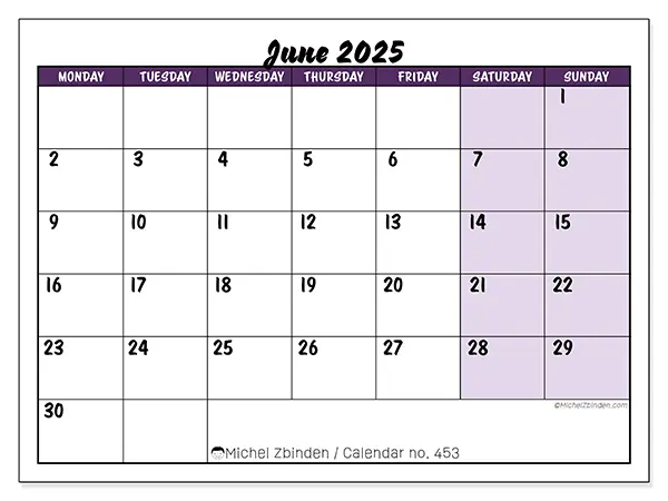 Free printable calendar n° 453, June 2025. Week:  Monday to Sunday