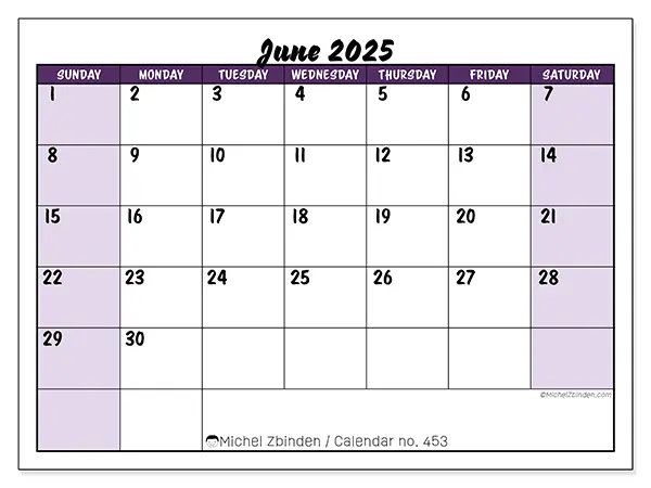 Printable calendar no. 453, June 2025