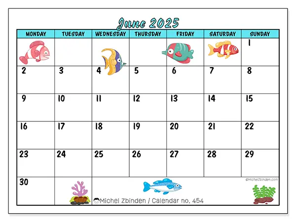 Free printable calendar n° 454, June 2025. Week:  Monday to Sunday