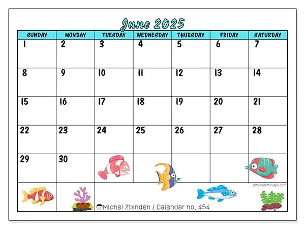Printable calendar n° 454 for June 2025. Week: Sunday to Saturday.