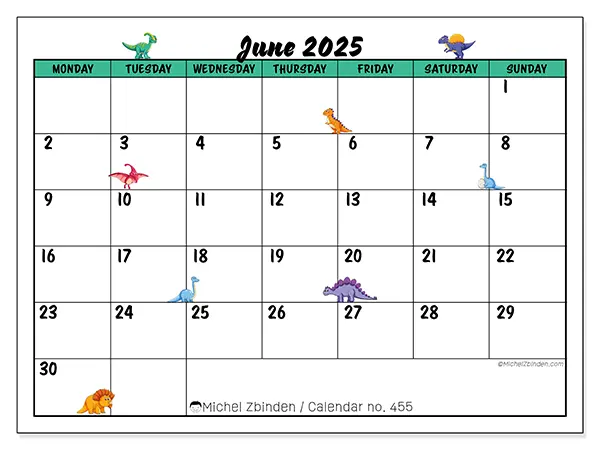 Free printable calendar n° 455, June 2025. Week:  Monday to Sunday