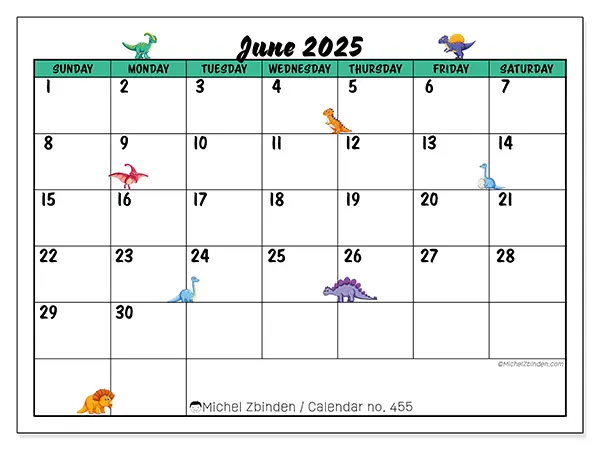 Printable calendar n° 455 for June 2025. Week: Sunday to Saturday.