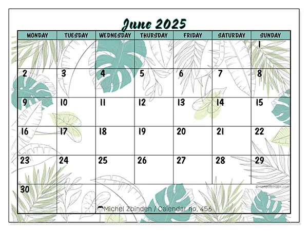Free printable calendar n° 456, June 2025. Week:  Monday to Sunday