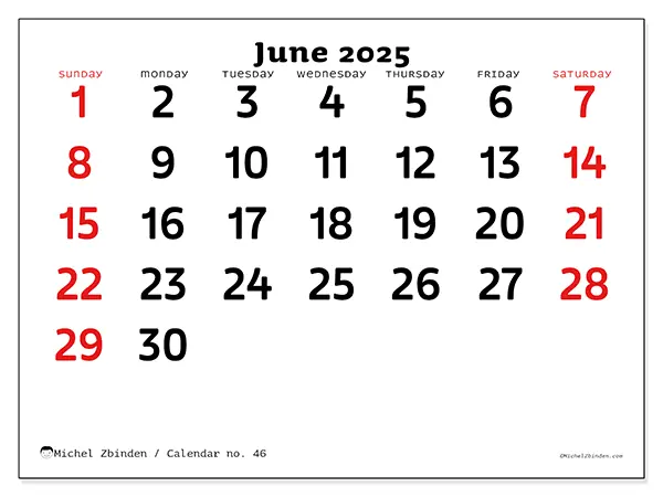 Printable calendar no. 46 for June 2025. Week: Sunday to Saturday.