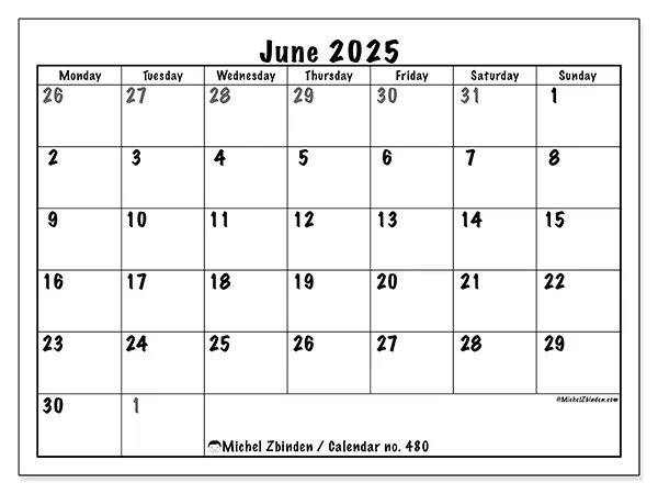 Free printable calendar no. 480, June 2025. Week:  Monday to Sunday