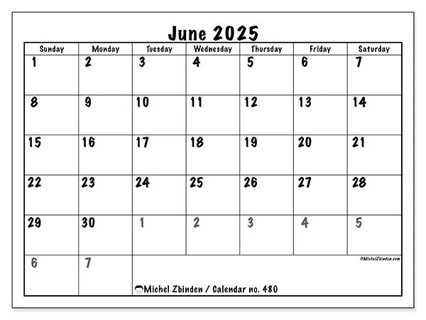 Printable calendar no. 480, June 2025