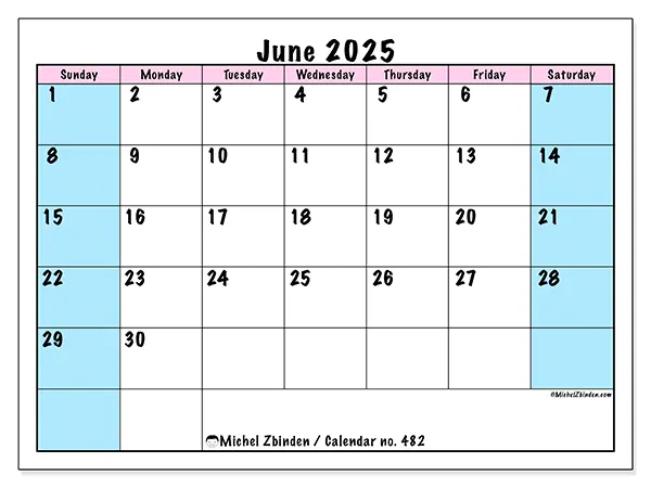 Printable calendar no. 482 for June 2025. Week: Sunday to Saturday.