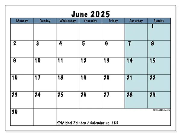 Free printable calendar no. 483, June 2025. Week:  Monday to Sunday