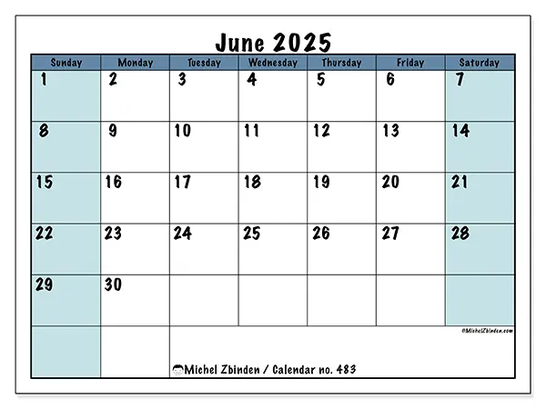 Printable calendar no. 483 for June 2025. Week: Sunday to Saturday.