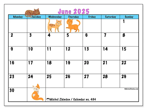 Free printable calendar no. 484, June 2025. Week:  Monday to Sunday