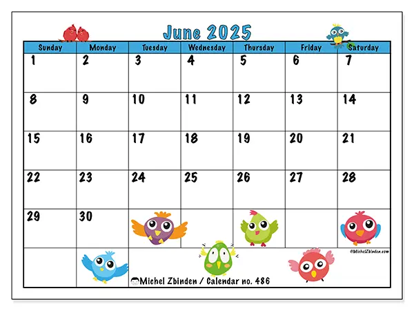 Printable calendar no. 486 for June 2025. Week: Sunday to Saturday.