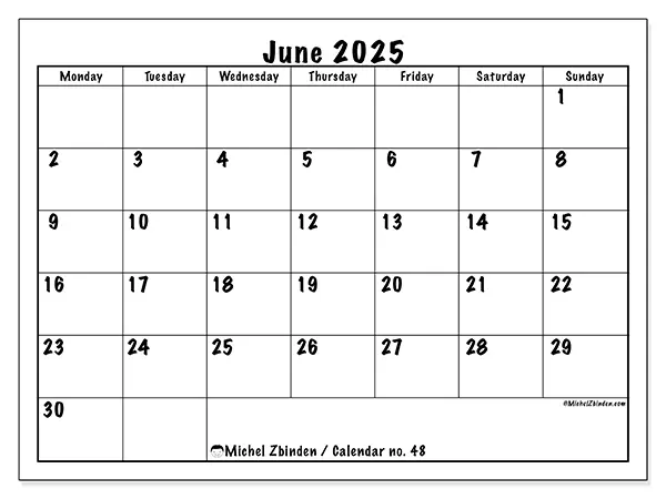 Free printable calendar no. 48, June 2025. Week:  Monday to Sunday